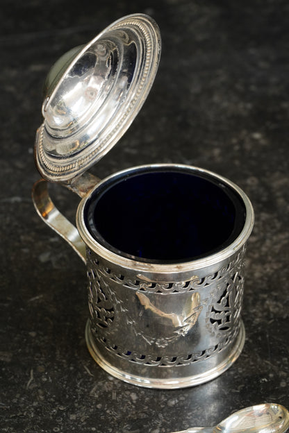 Antique English Silverplate Mustard Pot with Sterling Spoon, N. Smith & Co