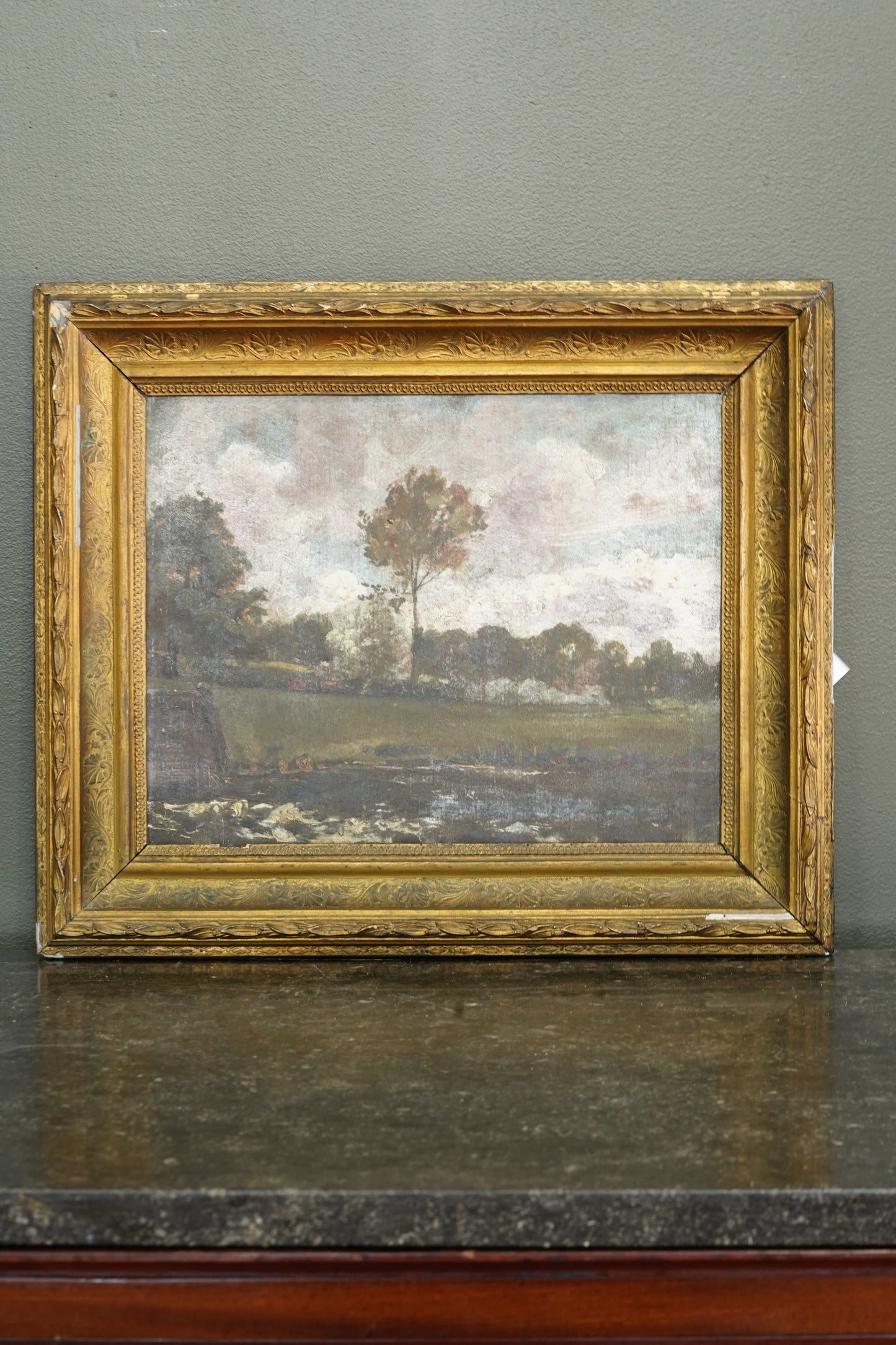 Antique British Oil Painting, River Landscape in the Manner of Constable