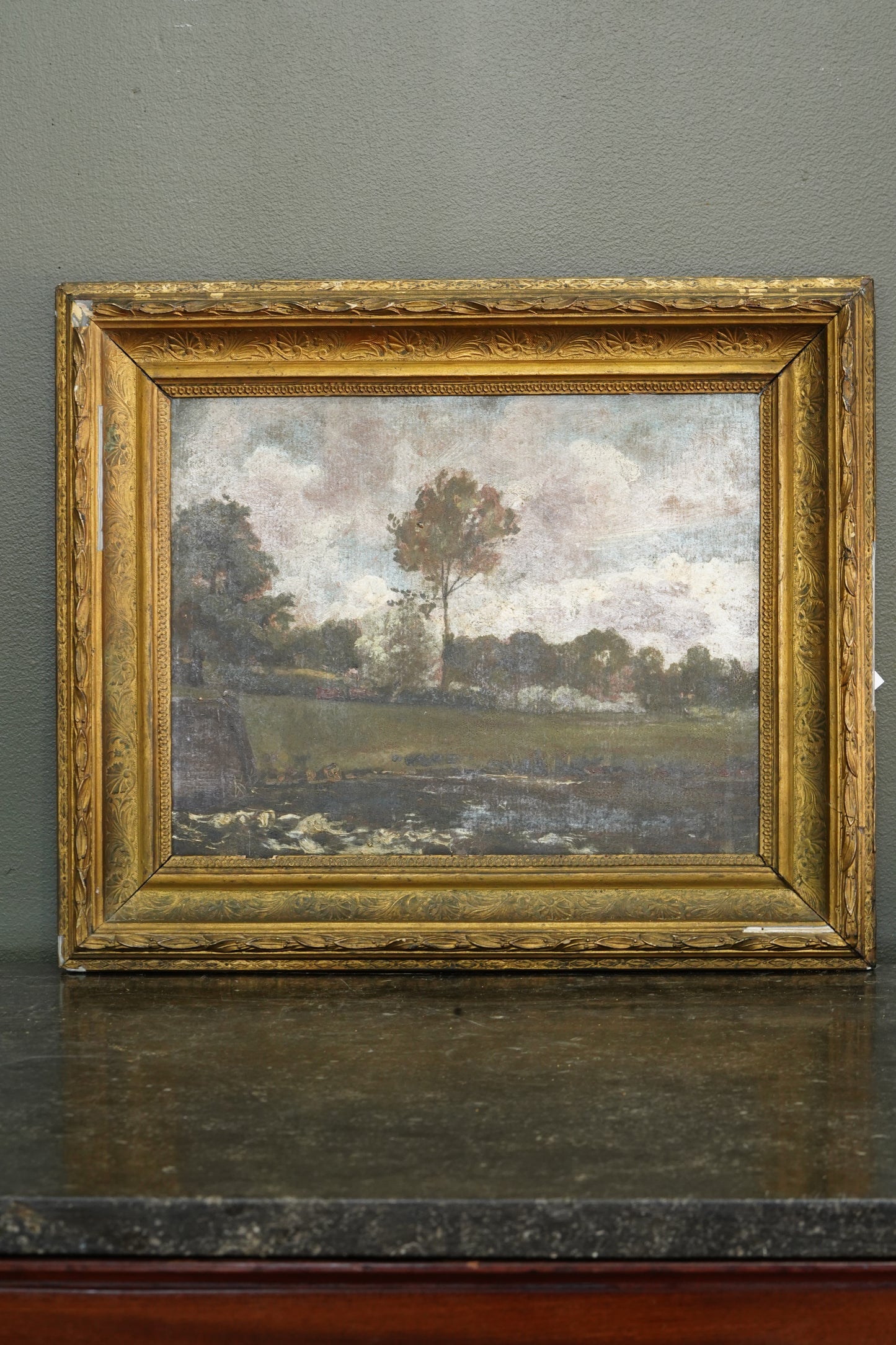 Antique British Oil Painting, River Landscape in the Manner of Constable