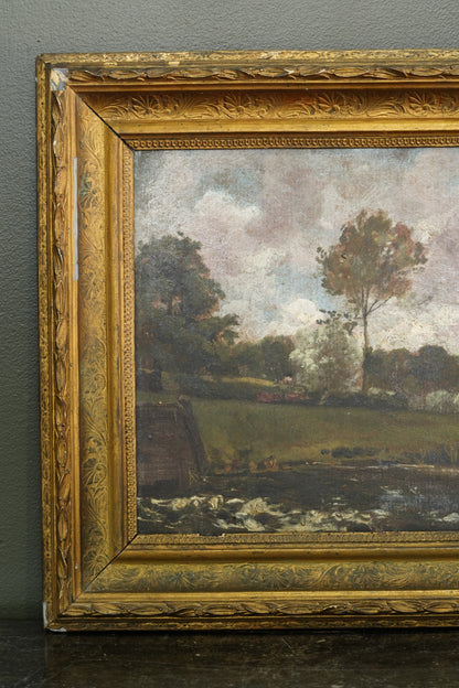 Antique British Oil Painting, River Landscape in the Manner of Constable