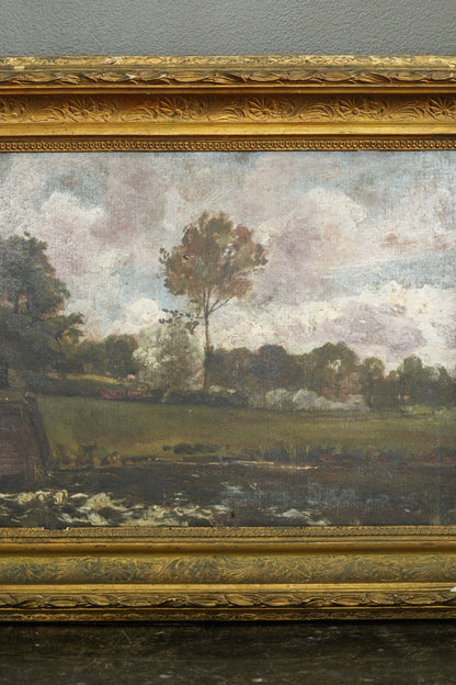 Antique British Oil Painting, River Landscape in the Manner of Constable
