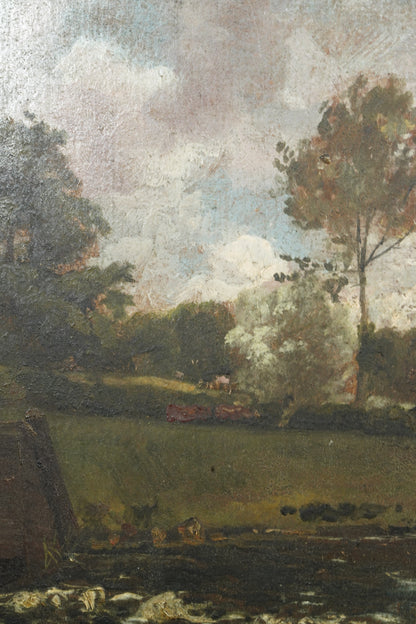Antique British Oil Painting, River Landscape in the Manner of Constable