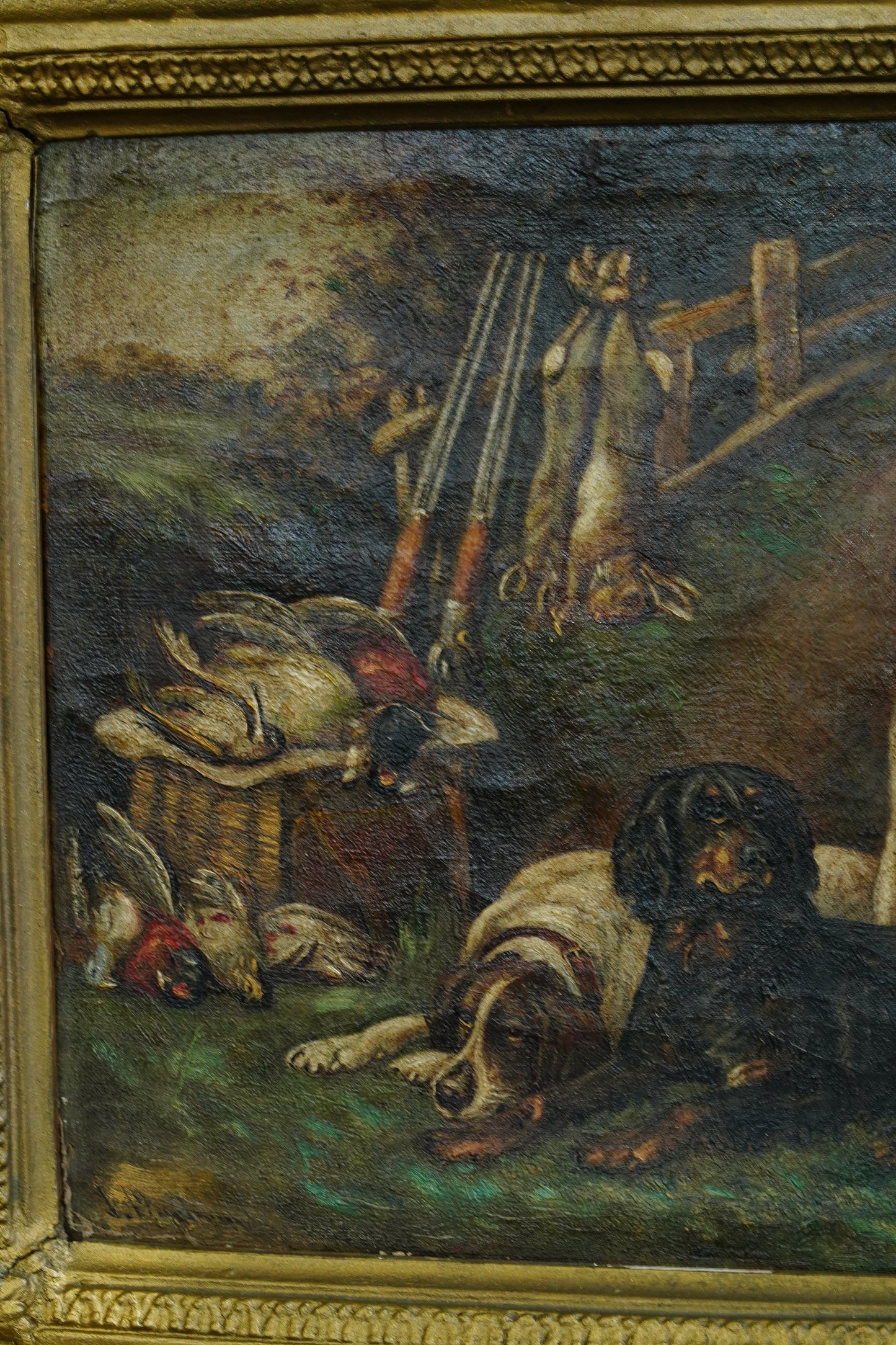 Antique Victorian Sporting Oil Painting, Gun Dogs with Game, Signed