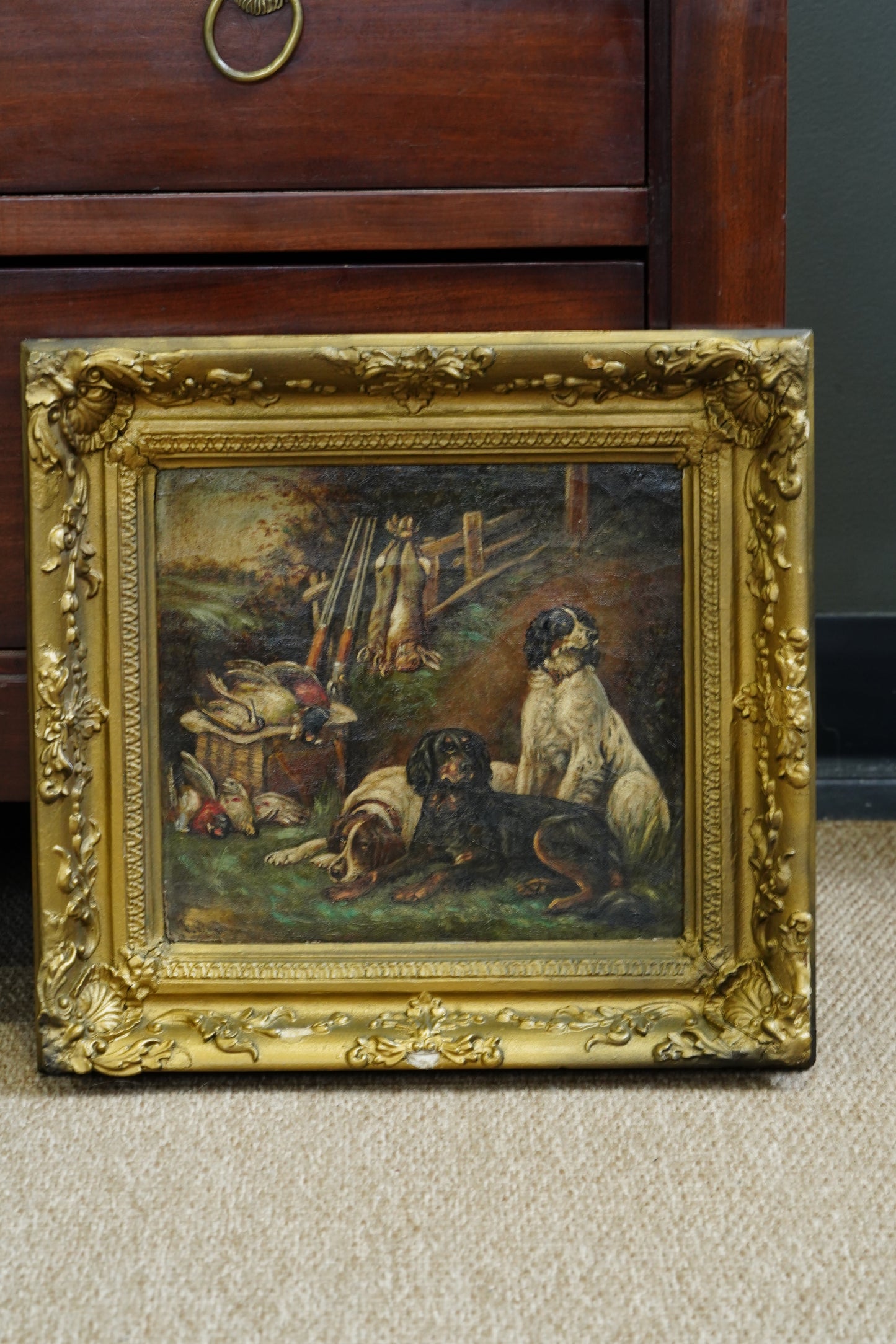 Antique Victorian Sporting Oil Painting, Gun Dogs with Game, Signed