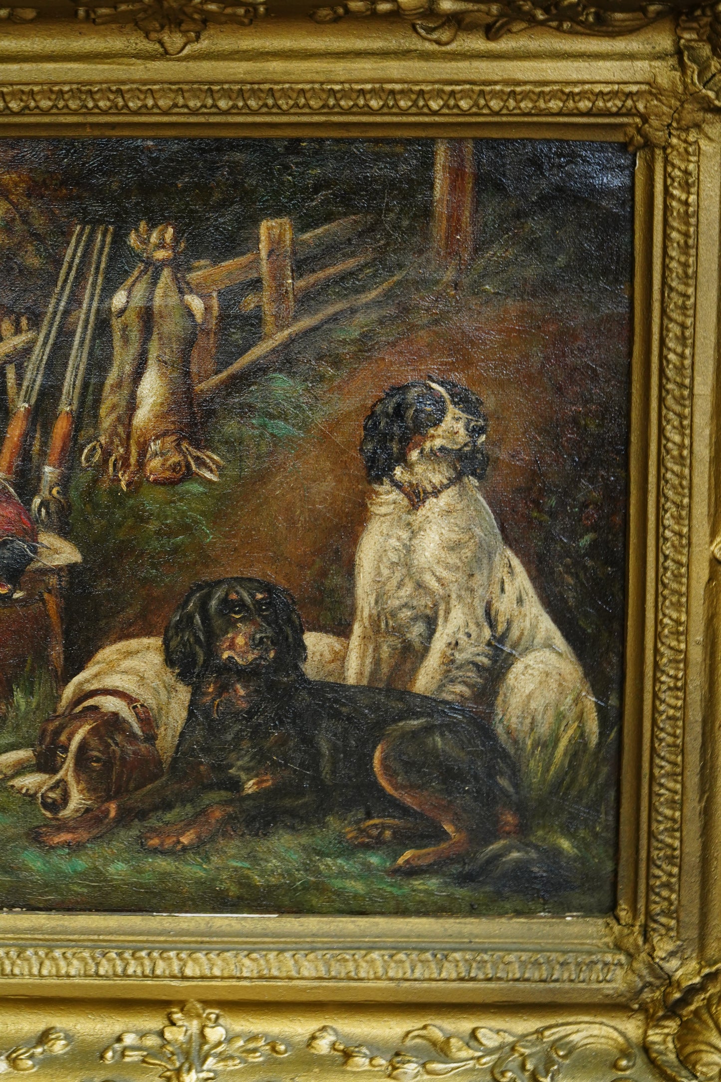 Antique Victorian Sporting Oil Painting, Gun Dogs with Game, Signed