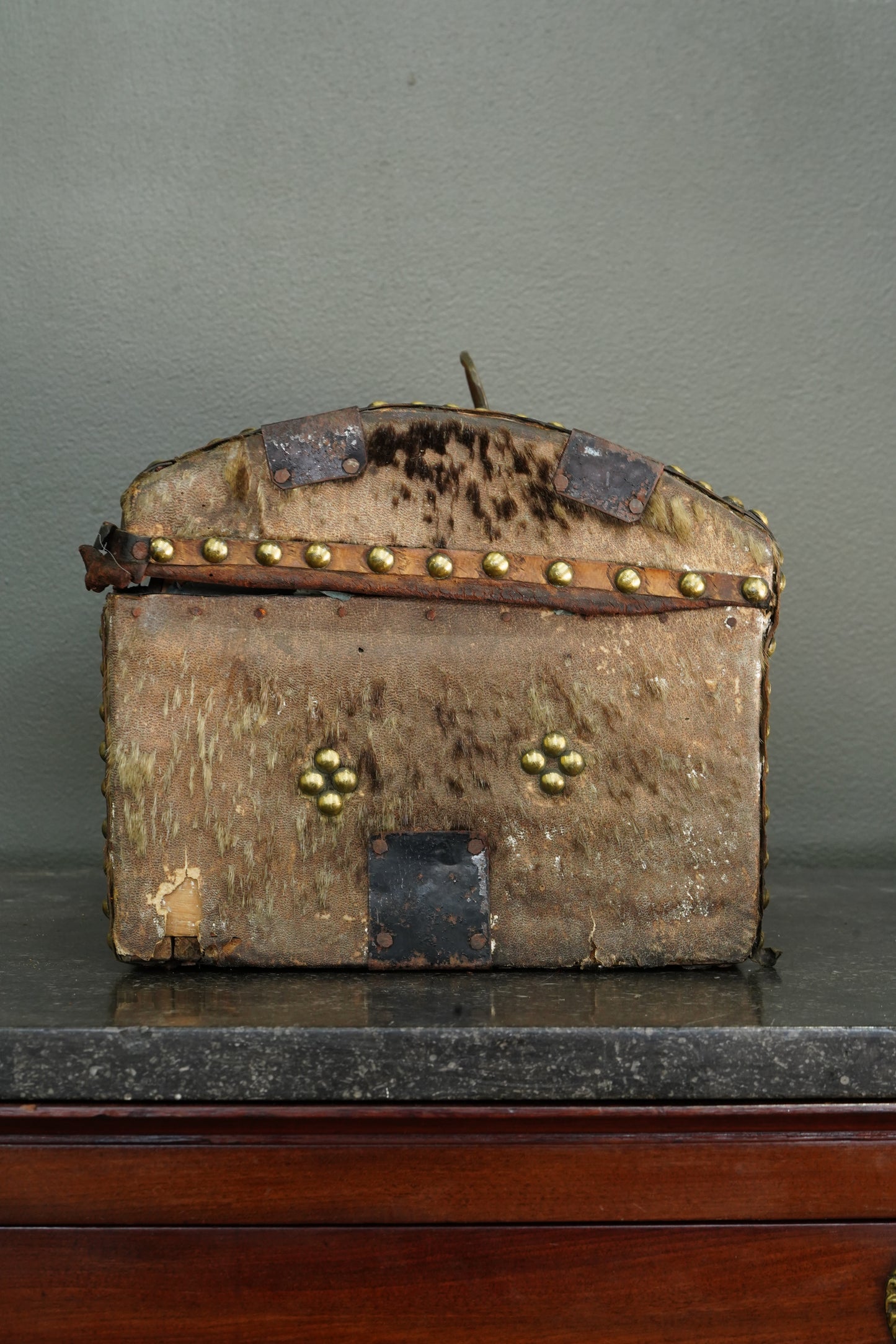 Antique English Haircalf Dome Top Trunk by I.K. Powell of Barnard Castle, Circa 1830