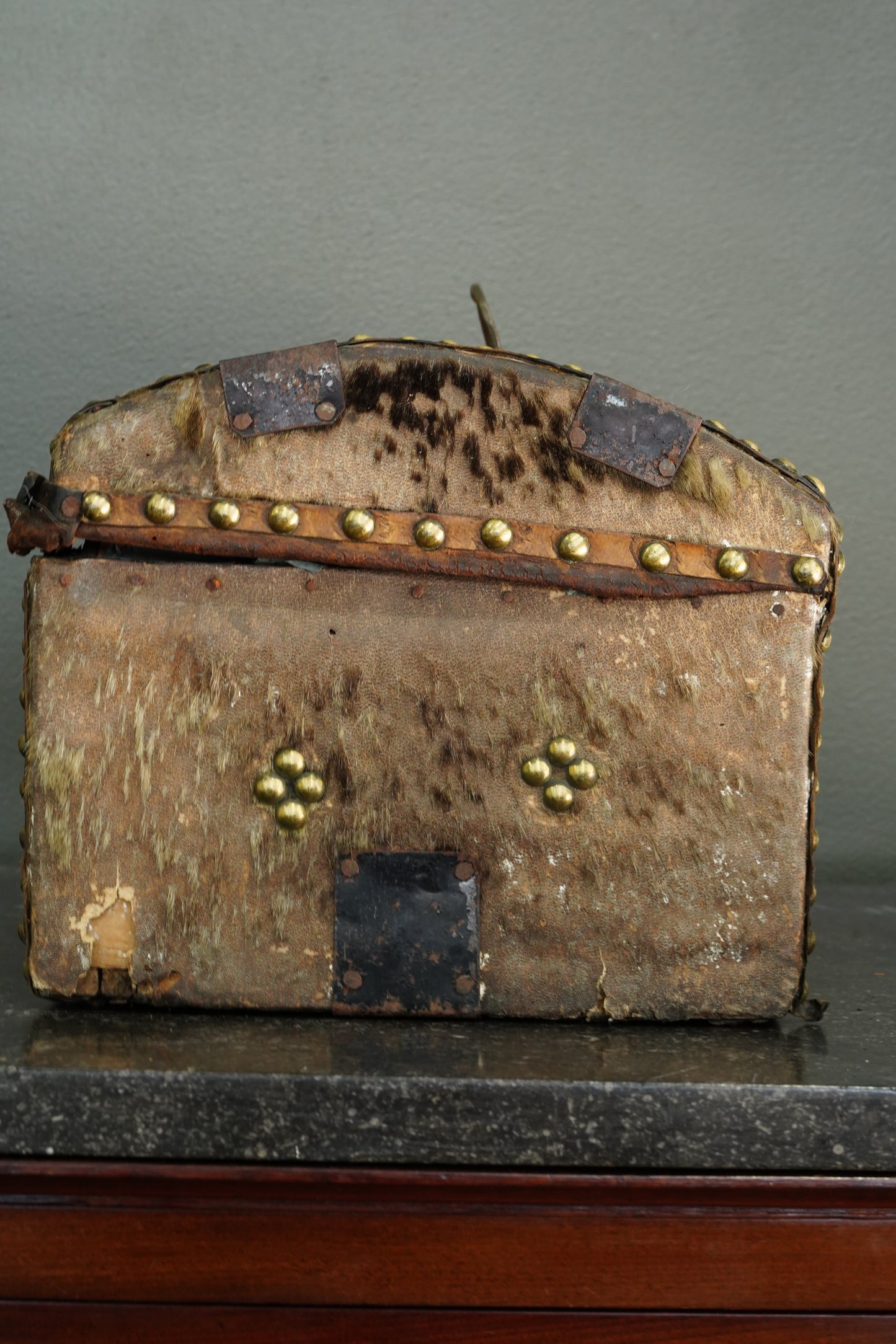 Antique English Haircalf Dome Top Trunk by I.K. Powell of Barnard Castle, Circa 1830
