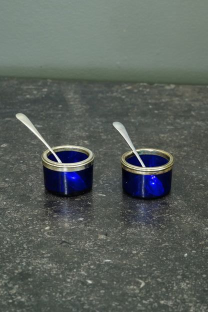 Antique English Silver Plate Salt Cellars with Cobalt Blue Glass Liners and Spoons
