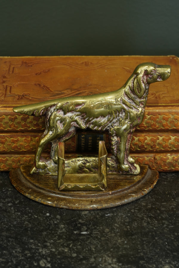 Antique English Brass Setter Dog Matchbox Holder on Wood Plinth