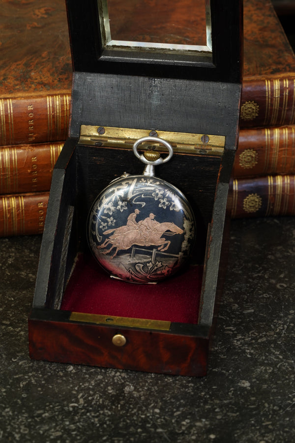 Antique Silver Pocket Watch with Horse Racing Scene, Ca. 1900