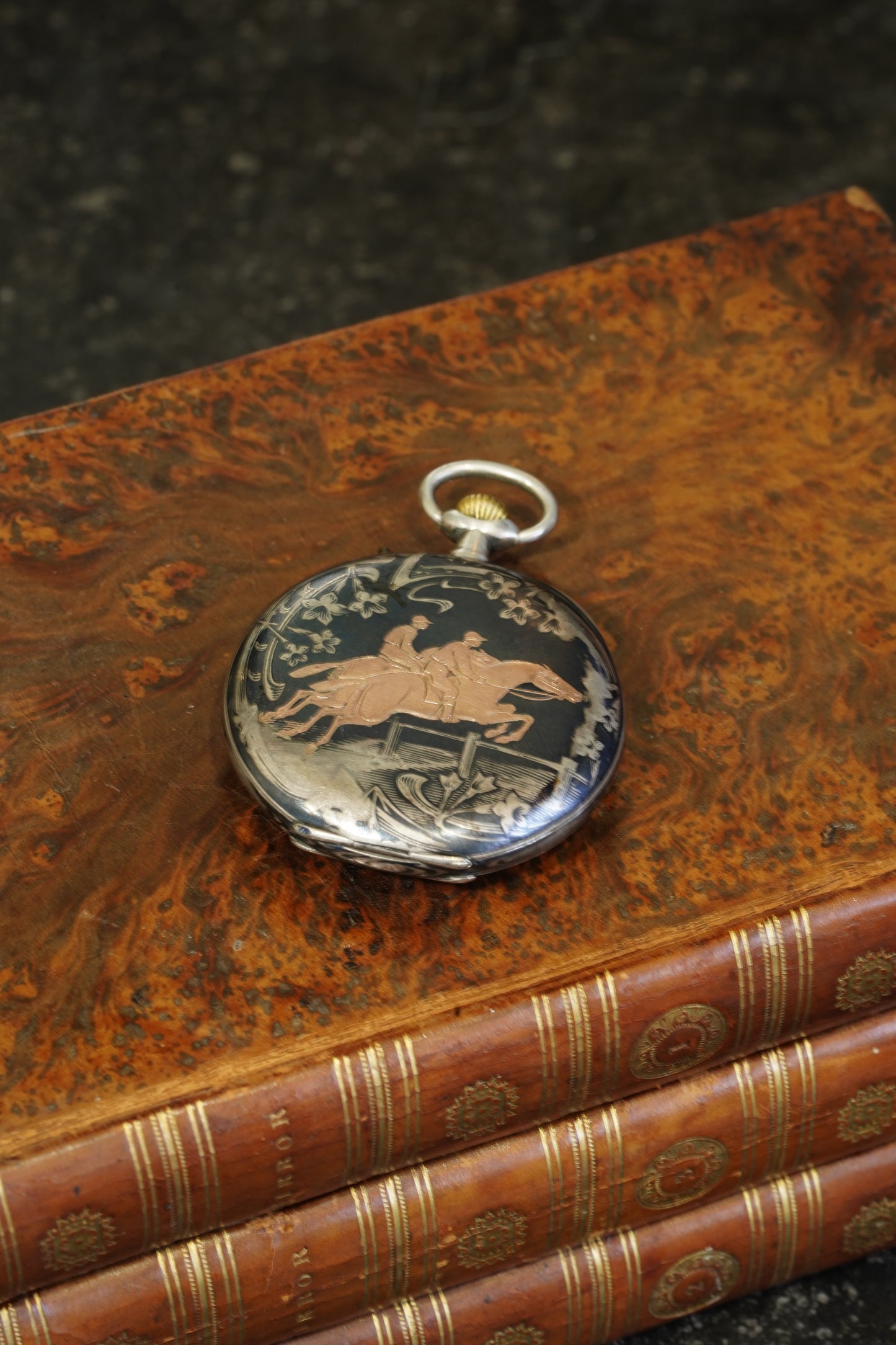 Antique Silver Pocket Watch with Horse Racing Scene, Ca. 1900