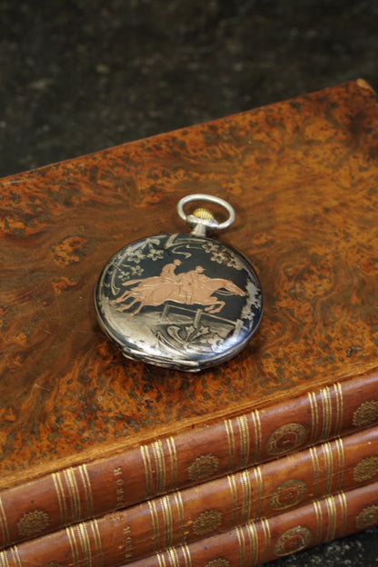 Antique Silver Pocket Watch with Horse Racing Scene, Ca. 1900