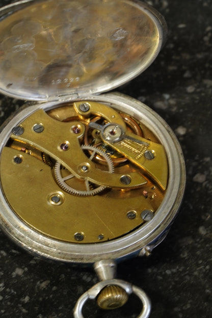 Antique Silver Pocket Watch with Horse Racing Scene, Ca. 1900