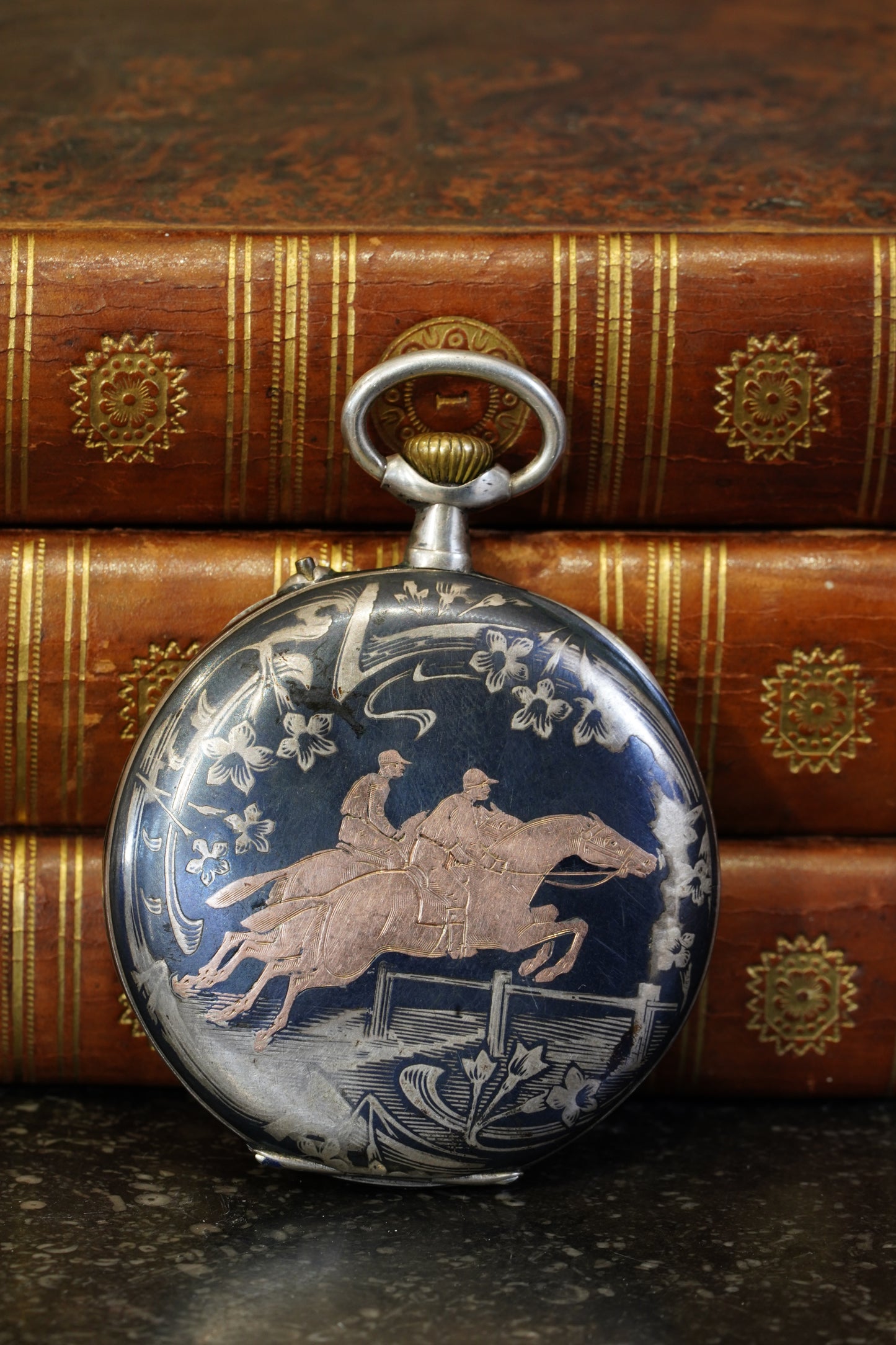 Antique Silver Pocket Watch with Horse Racing Scene, Ca. 1900