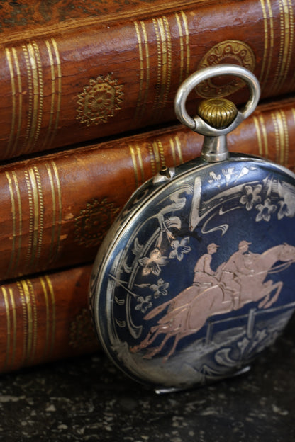 Antique Silver Pocket Watch with Horse Racing Scene, Ca. 1900