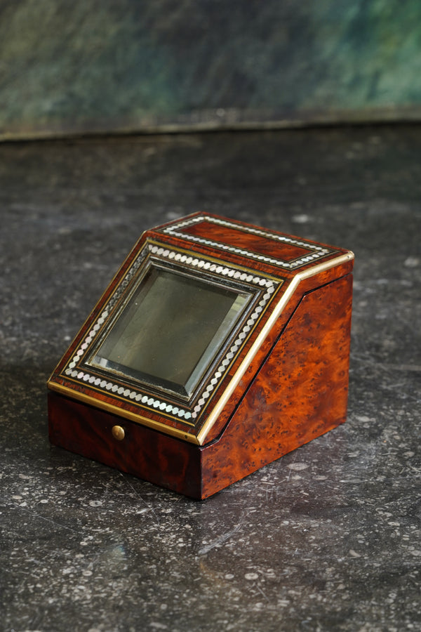 Antique Napoleon III Pocket Watch Holder Burl Wood with Mother-of-Pearl Inlay
