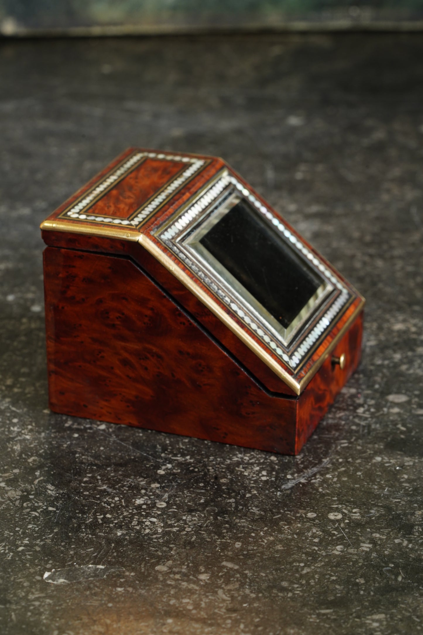 Antique Napoleon III Pocket Watch Holder Burl Wood with Mother-of-Pearl Inlay