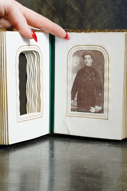 Antique Victorian Photograph Album, Green Morocco and Gilt Brass