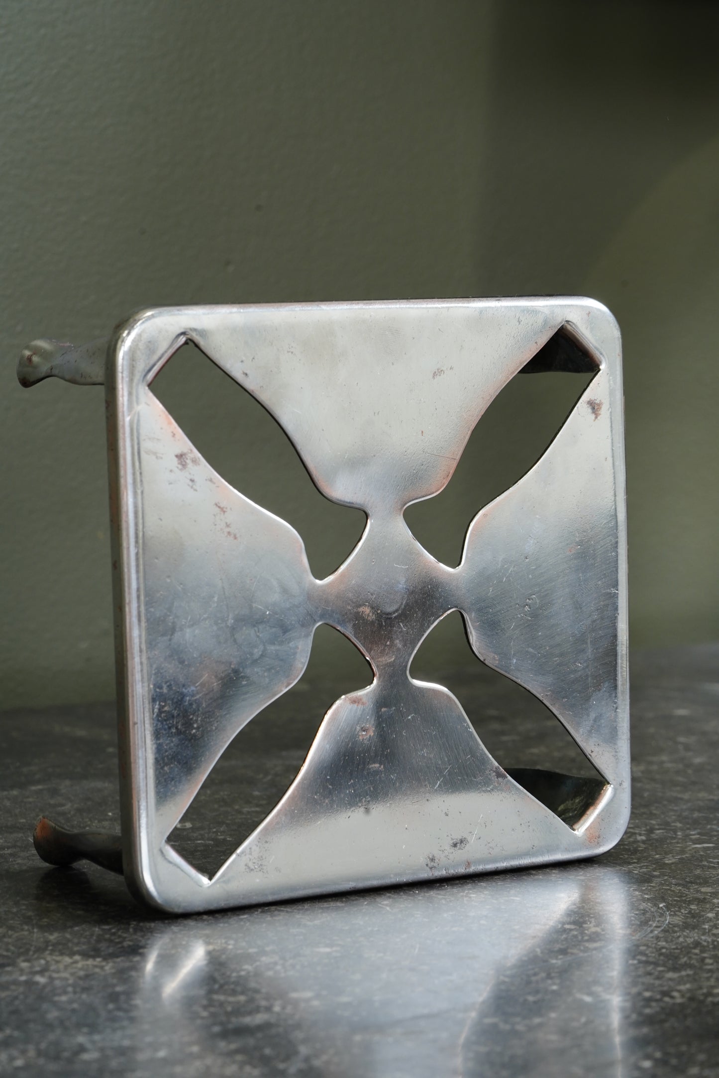 Vintage English Chrome Trivet, Pierced Pinwheel Pattern, Mid-20th Century