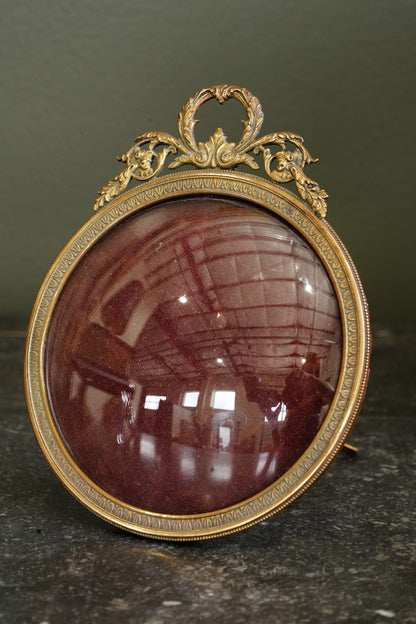 Antique Gilt Brass Round Picture Frames with Domed Glass