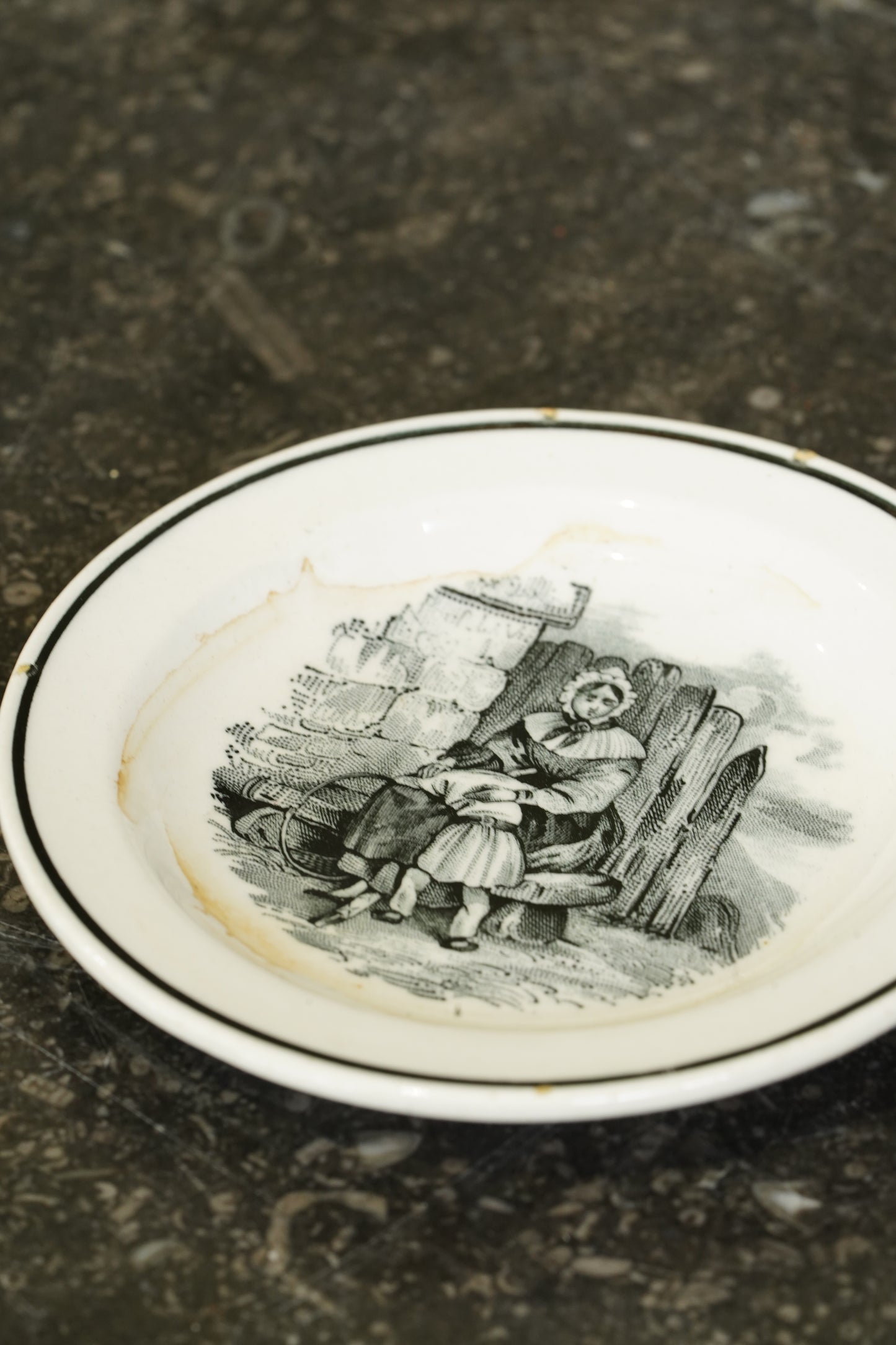 Victorian Black Transferware Butter Pats, Set of 2, Circa 1870