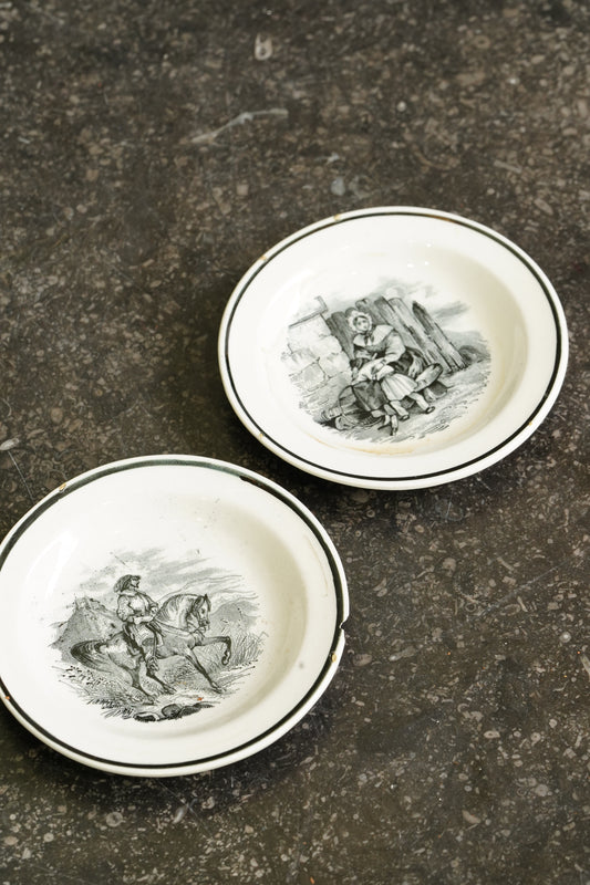 Victorian Black Transferware Butter Pats, Set of 2, Circa 1870
