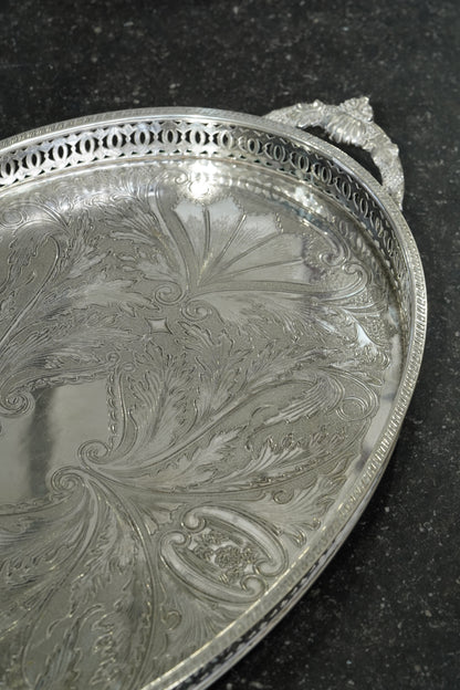 Vintage English Oval Silver Plate Gallery Tray with Shell Handles