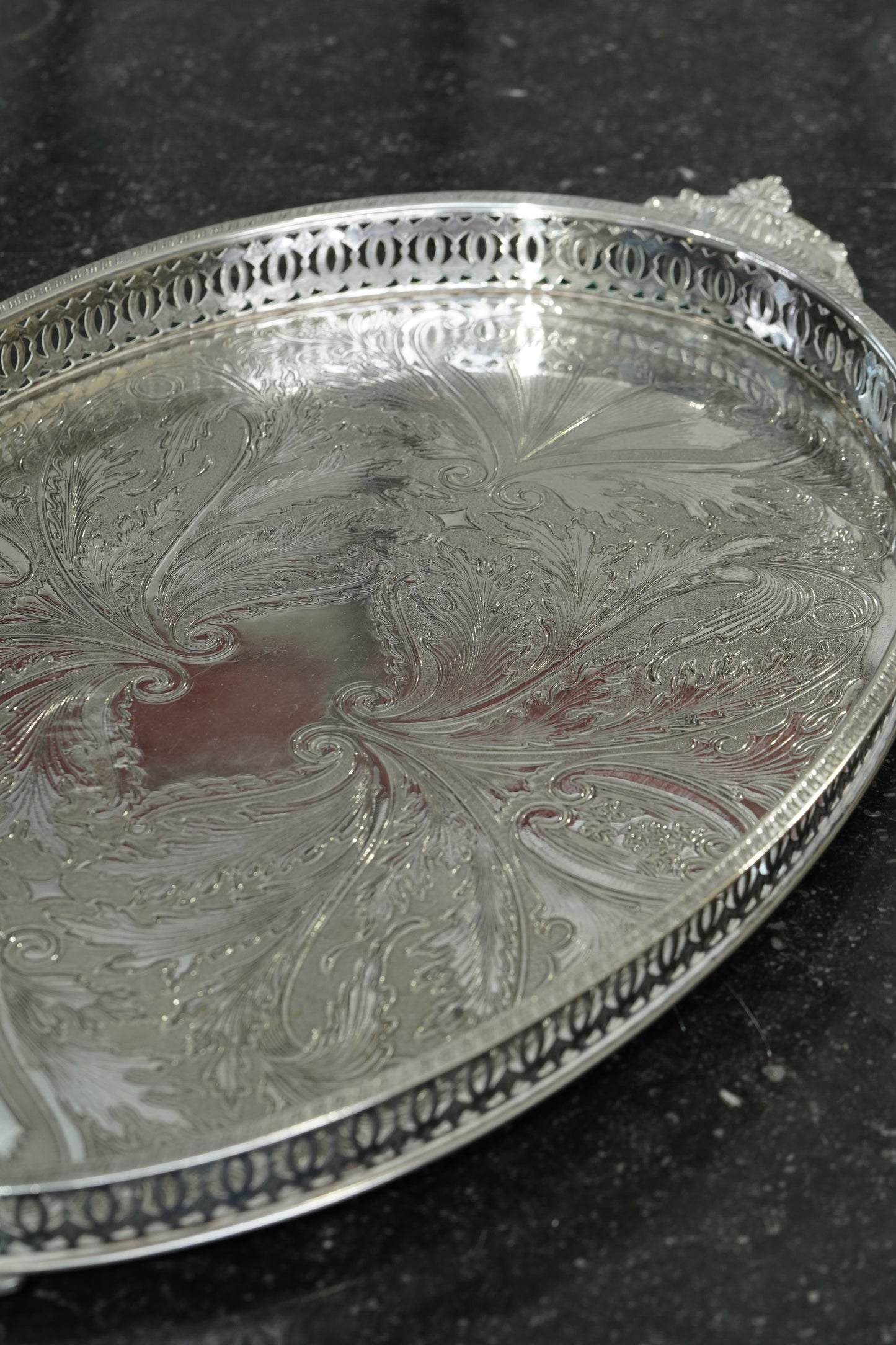Vintage English Oval Silver Plate Gallery Tray with Shell Handles