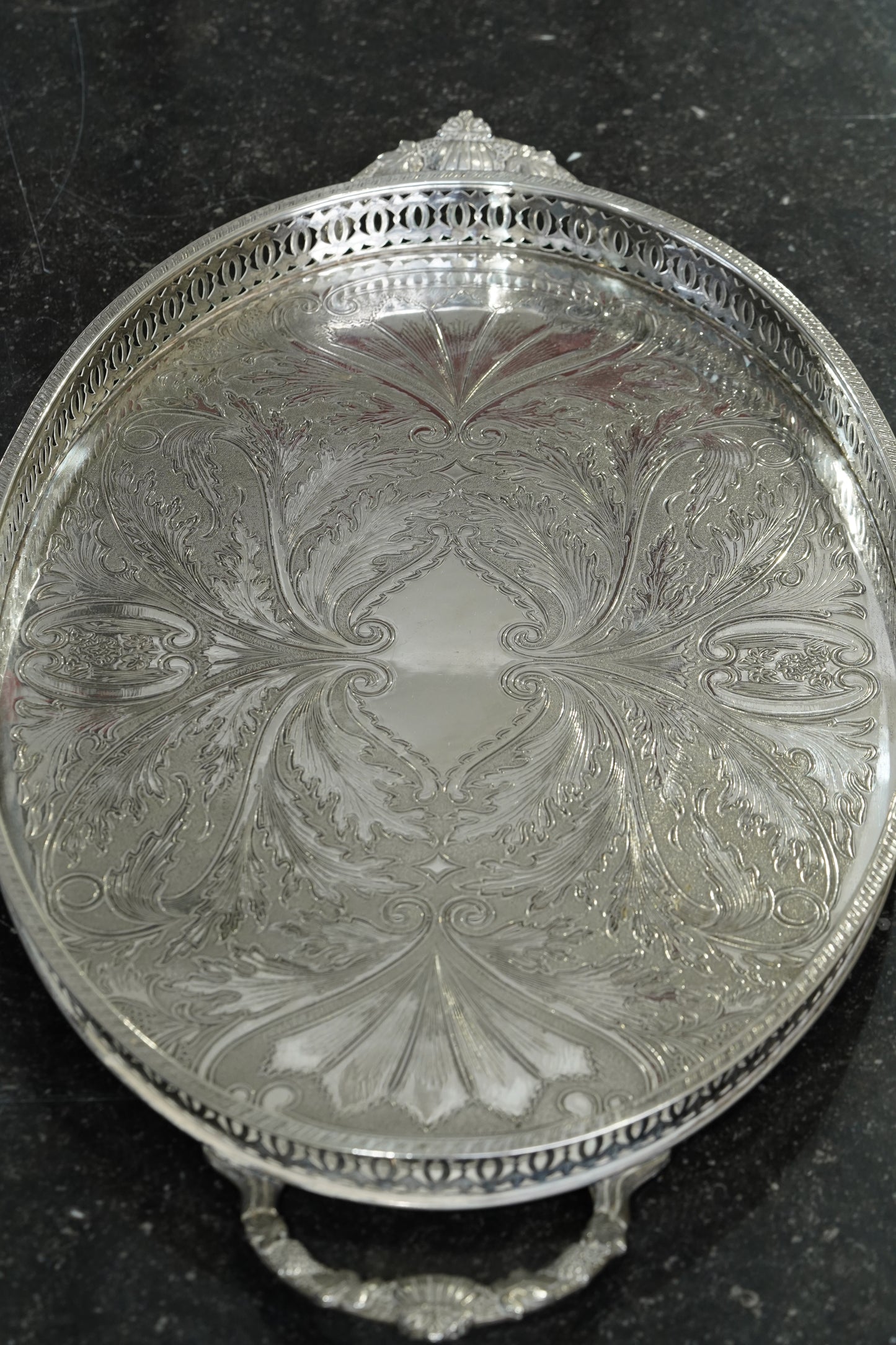 Vintage English Oval Silver Plate Gallery Tray with Shell Handles
