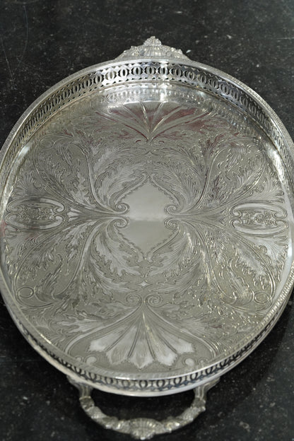 Vintage English Oval Silver Plate Gallery Tray with Shell Handles