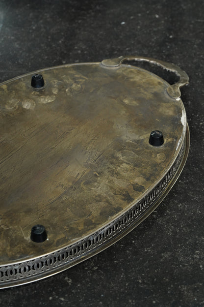 Vintage English Oval Silver Plate Gallery Tray with Shell Handles