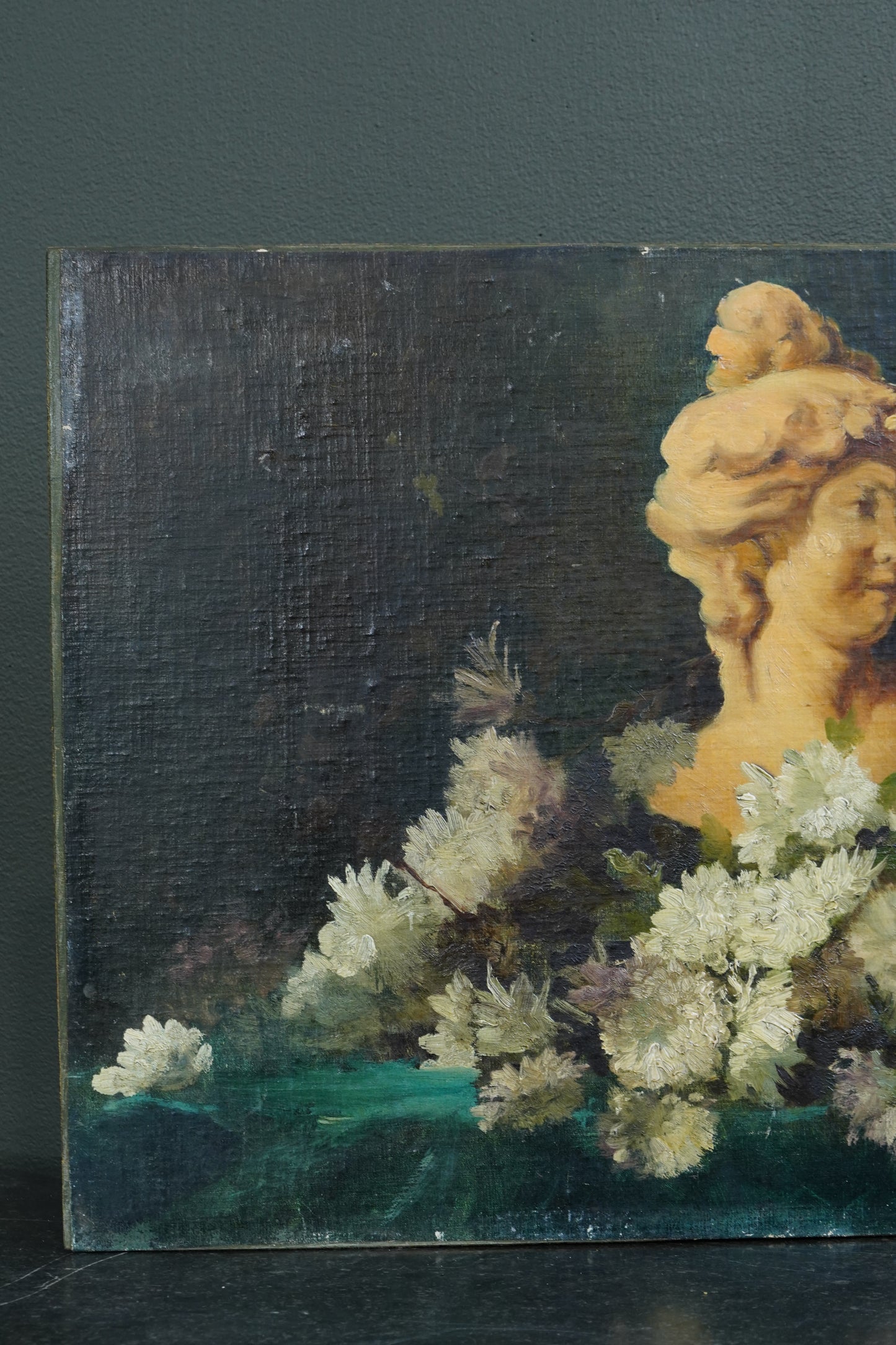Antique Continental Still Life Classical Bust with Chrysanthemums Oil Painting