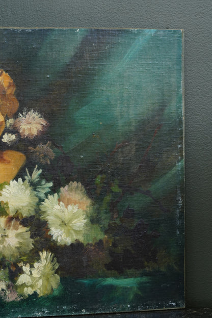 Antique Continental Still Life Classical Bust with Chrysanthemums Oil Painting