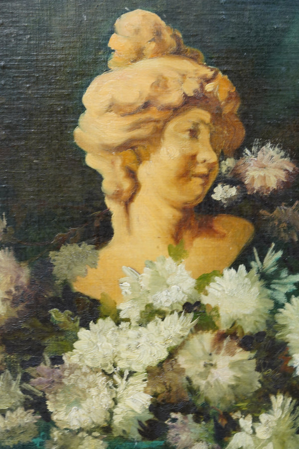 Antique Continental Still Life Classical Bust with Chrysanthemums Oil Painting secondary view