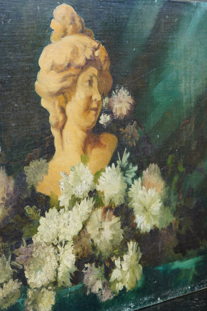 Antique Continental Still Life Classical Bust with Chrysanthemums Oil Painting