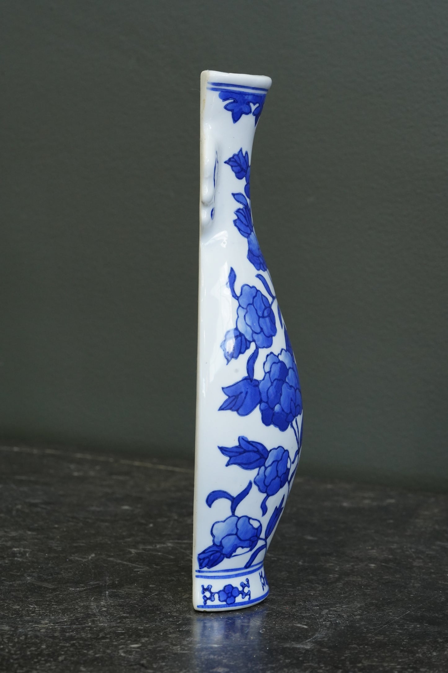 Vintage Blue and White Wall Pocket Vase, Chinoiserie Peony