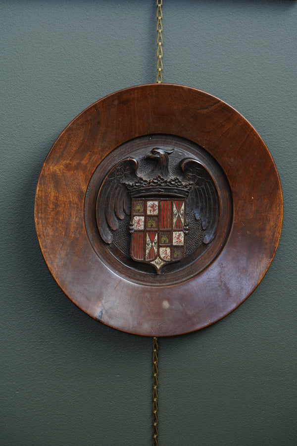 Carved Walnut Spanish Armorial Charger, Arms of the Catholic Monarchs, c. 1930
