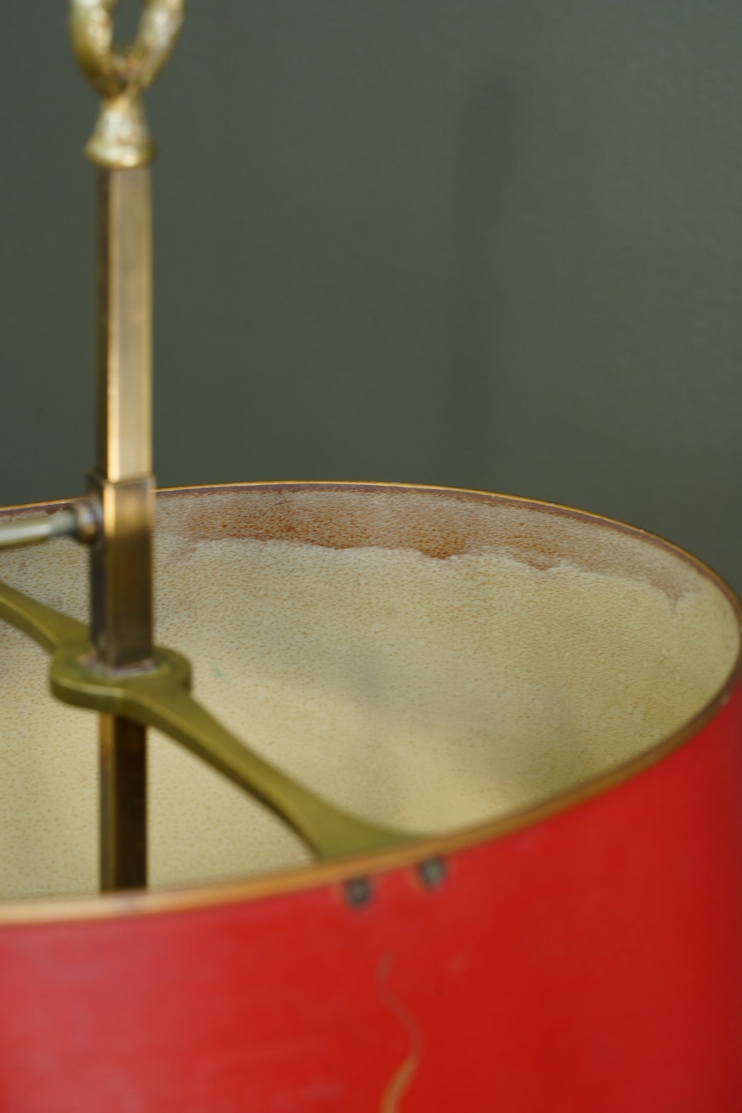 French Brass Bouillotte Lamp, Red Tole Shade