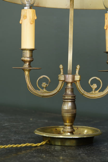 French Brass Bouillotte Lamp, Red Tole Shade