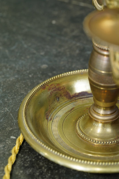 French Brass Bouillotte Lamp, Red Tole Shade