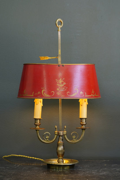 French Brass Bouillotte Lamp, Red Tole Shade