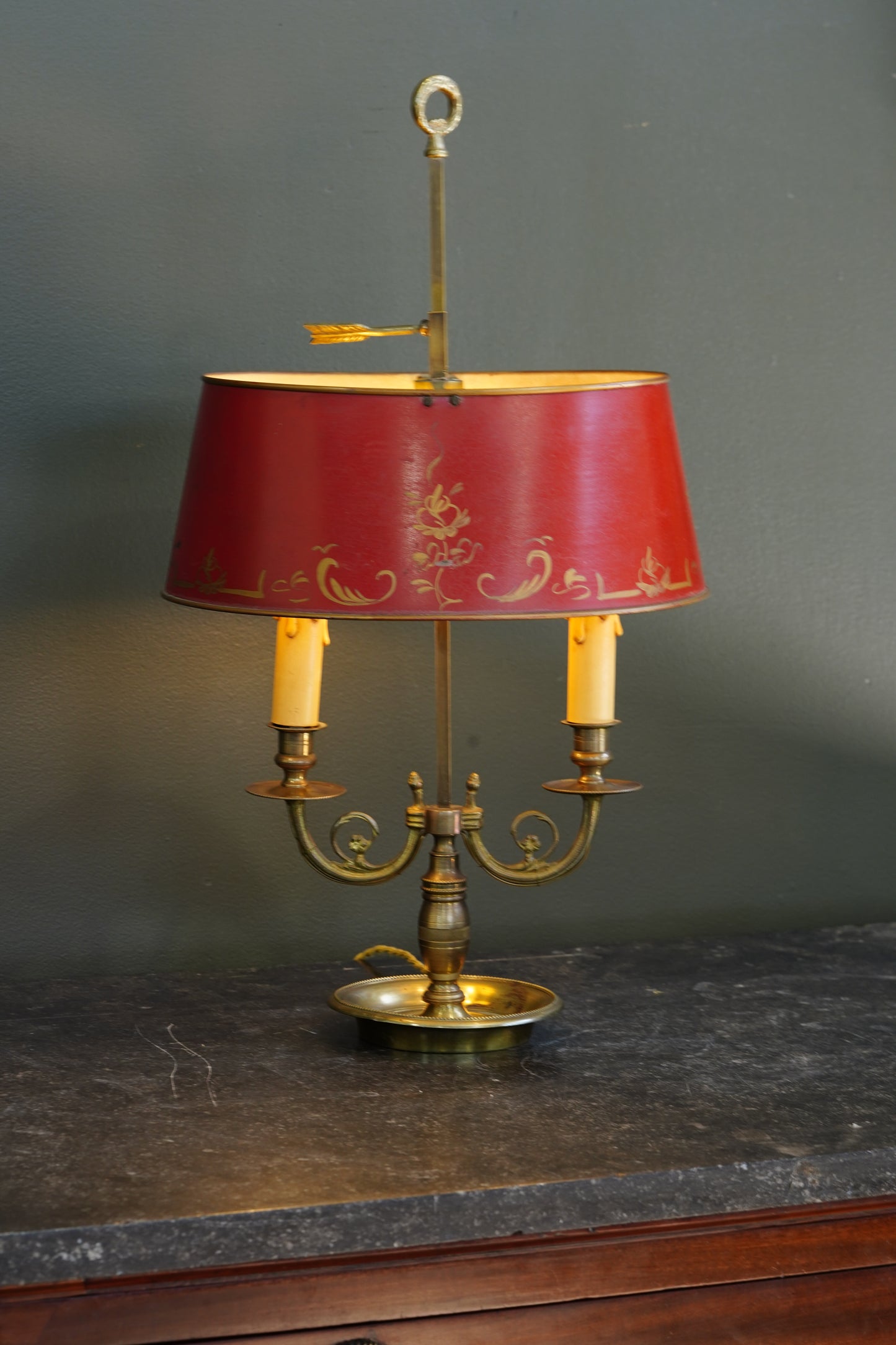 French Brass Bouillotte Lamp, Red Tole Shade