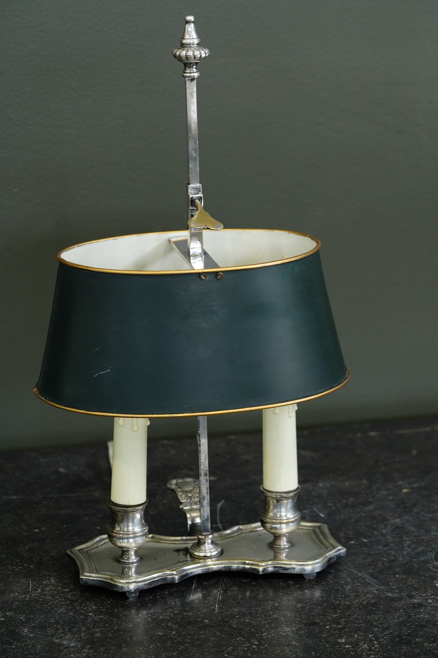 Vintage French Silverplate Bouillotte Lamp with Green Tole Shade