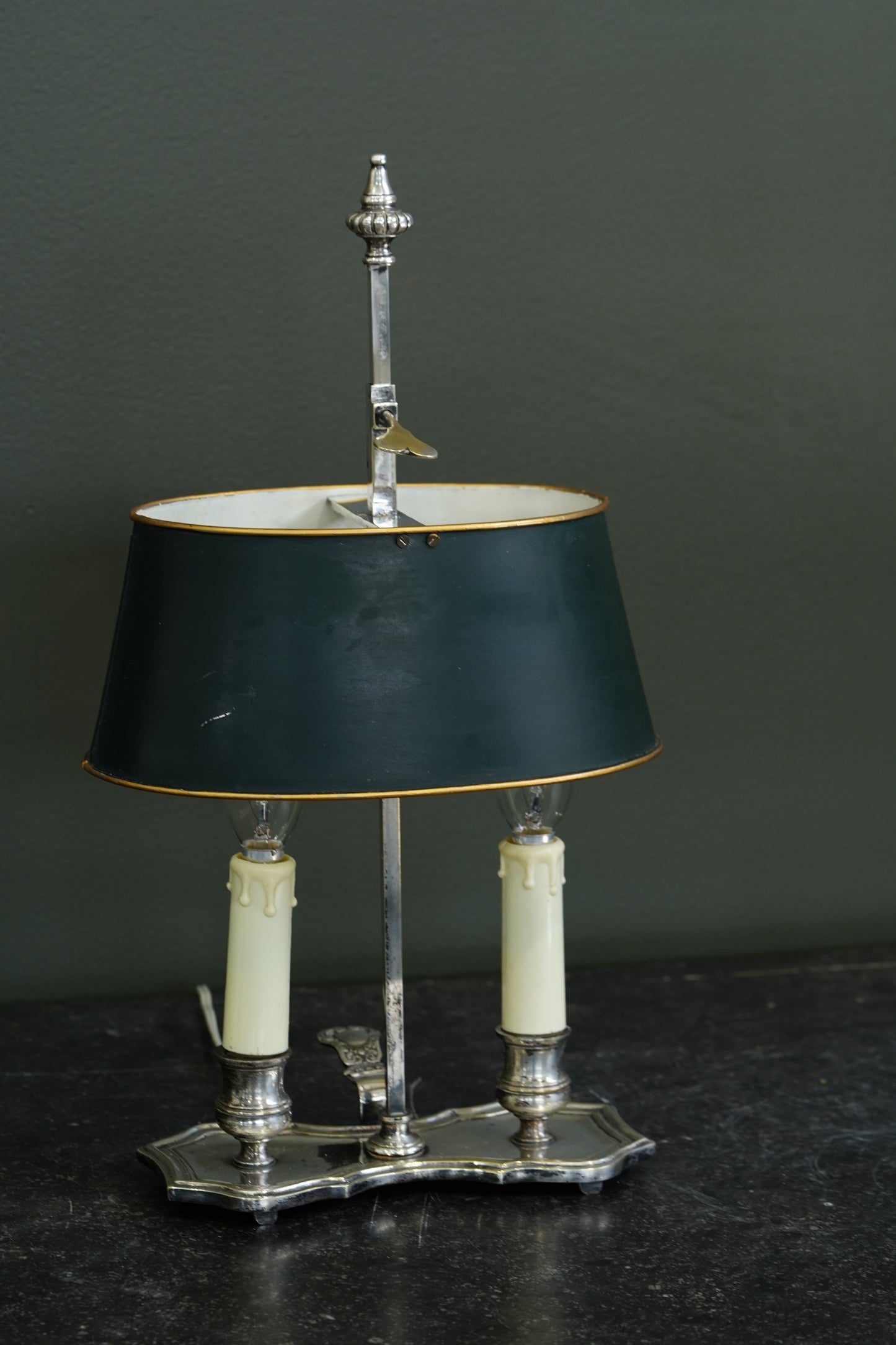 Vintage French Silverplate Bouillotte Lamp with Green Tole Shade