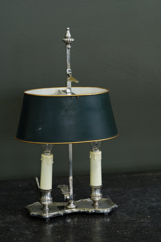 Vintage French Silverplate Bouillotte Lamp with Green Tole Shade