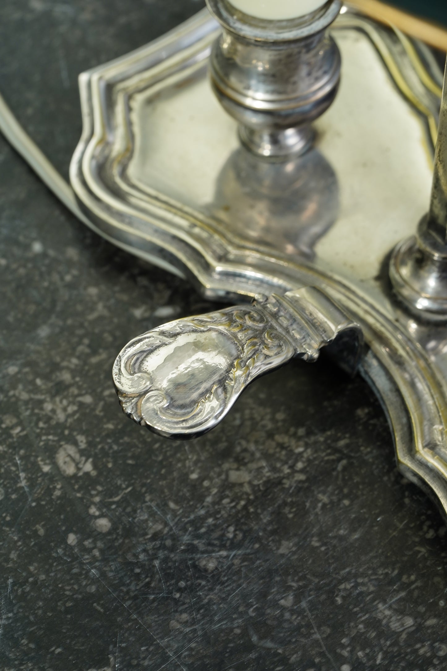 Vintage French Silverplate Bouillotte Lamp with Green Tole Shade