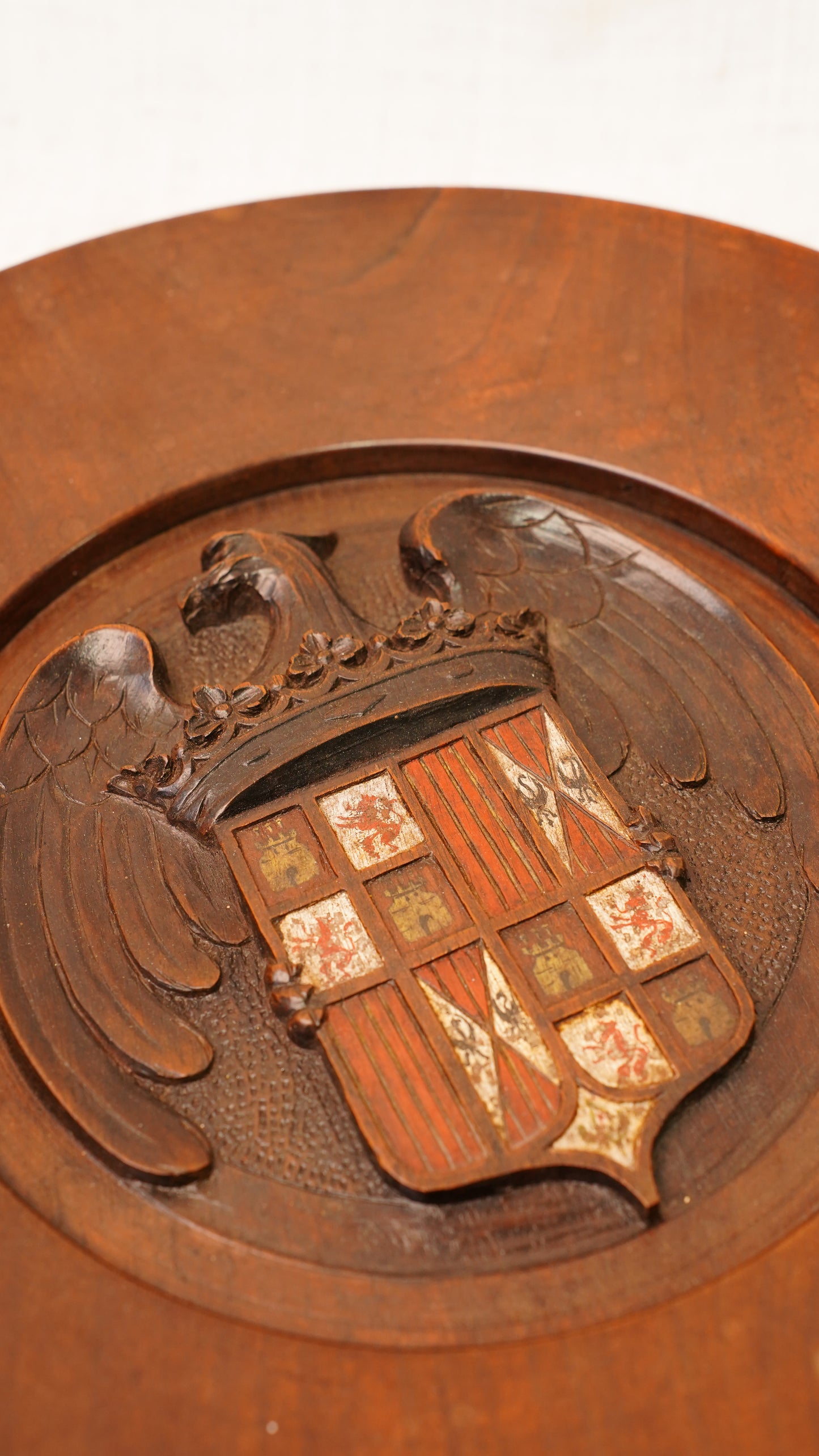 Carved Walnut Spanish Armorial Charger, Arms of the Catholic Monarchs, Circa 1930