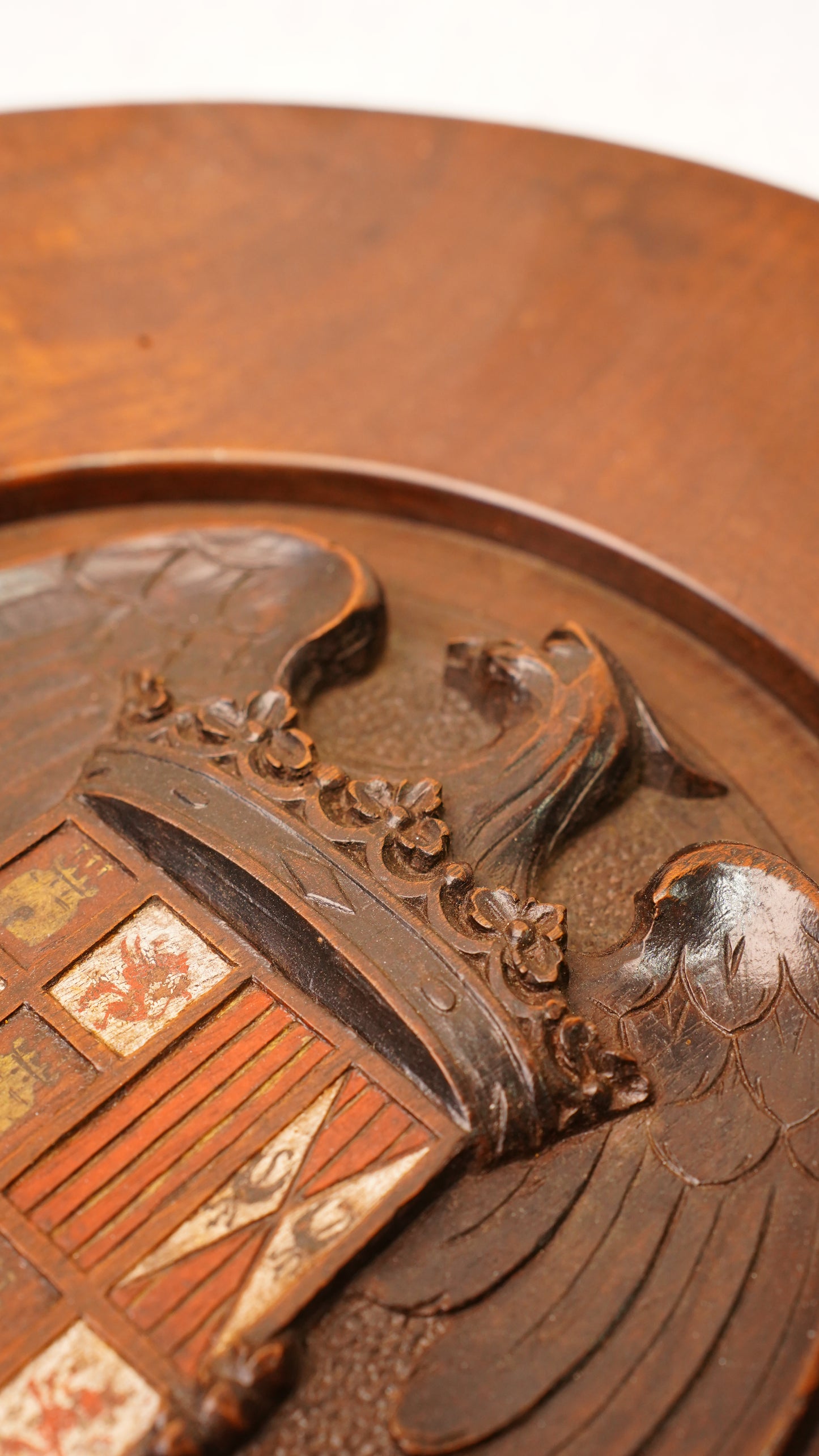 Carved Walnut Spanish Armorial Charger, Arms of the Catholic Monarchs, Circa 1930