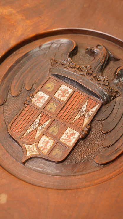 Carved Walnut Spanish Armorial Charger, Arms of the Catholic Monarchs, Circa 1930