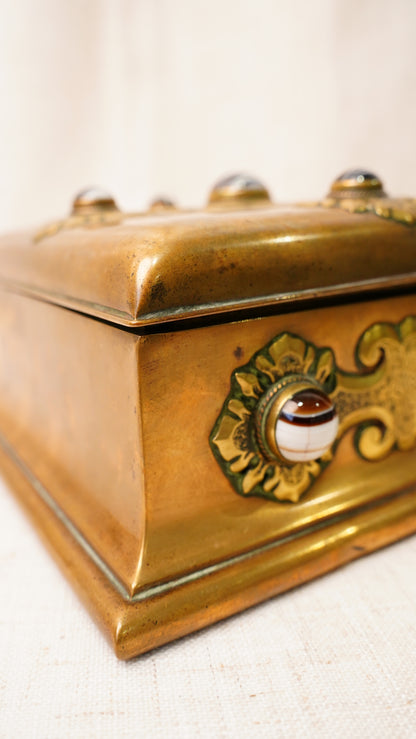 Victorian Gilt Brass Bézique Games Box with Agate Cabochons, Circa 1870